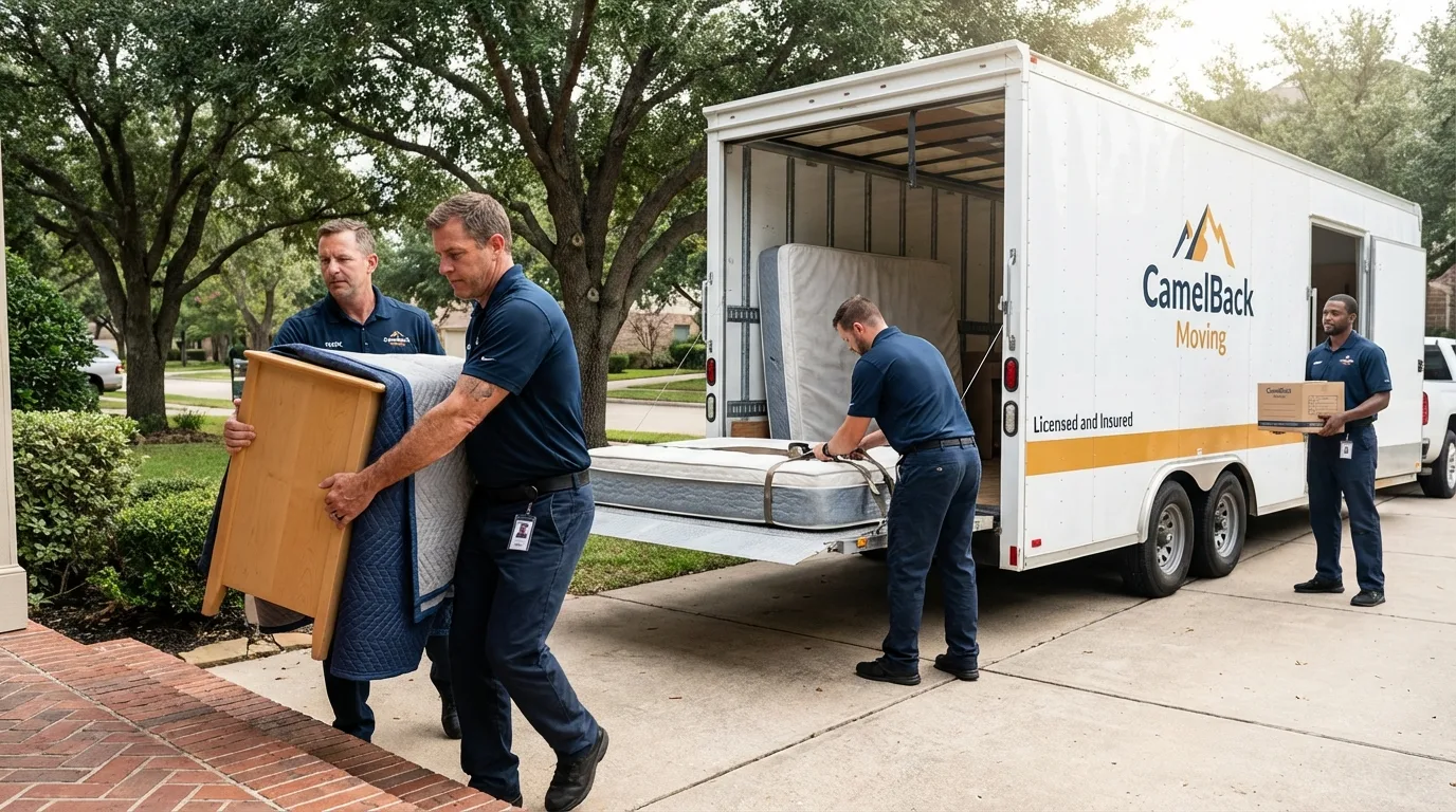 Crew loading residential truck for cross-state move from Reedsport, OR