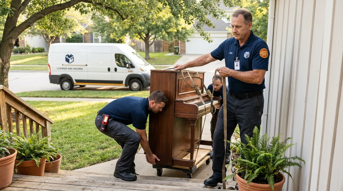 Licensed piano movers securing grand piano in Reedsport, OR