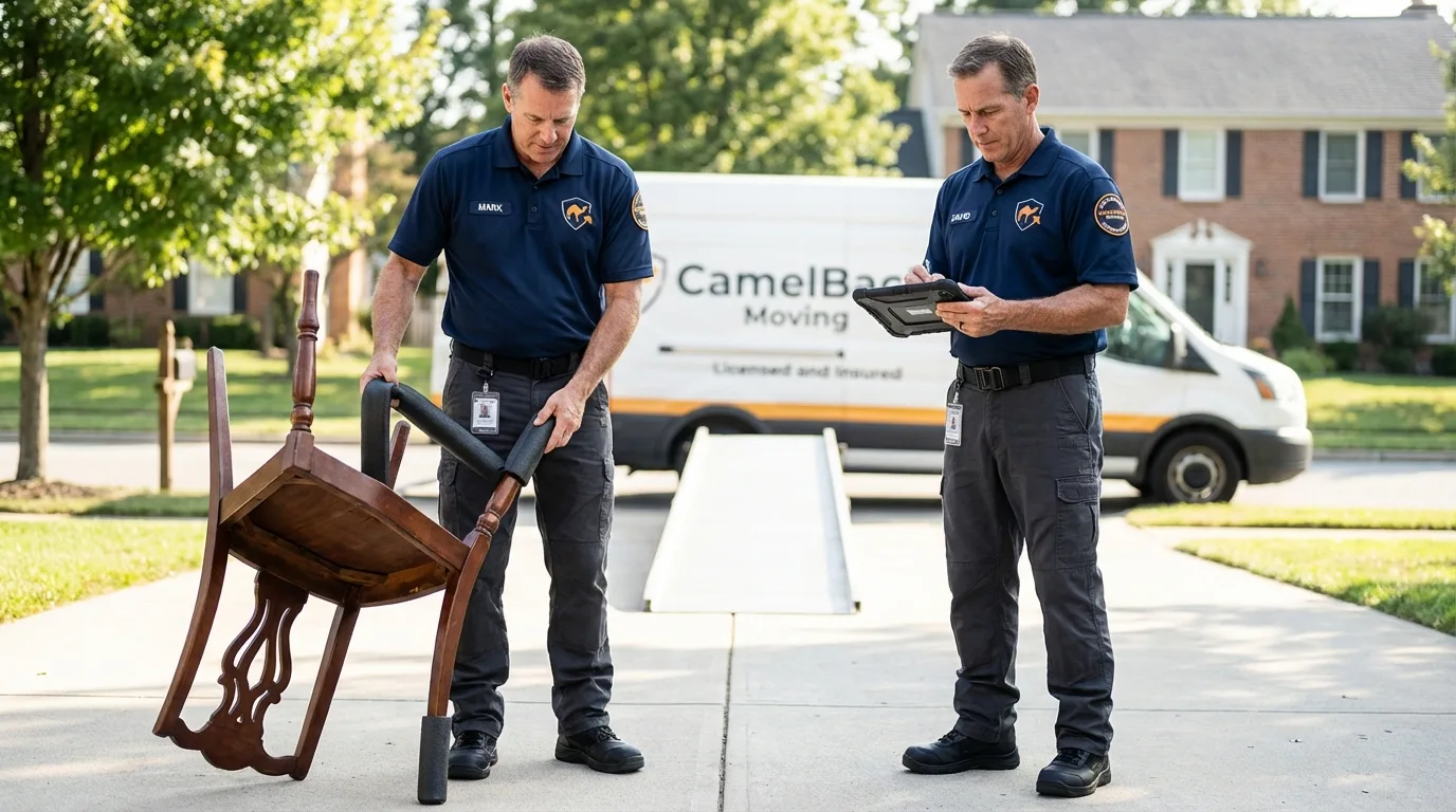 Movers inspecting furniture for damage prevention before loading in Reedsport, OR