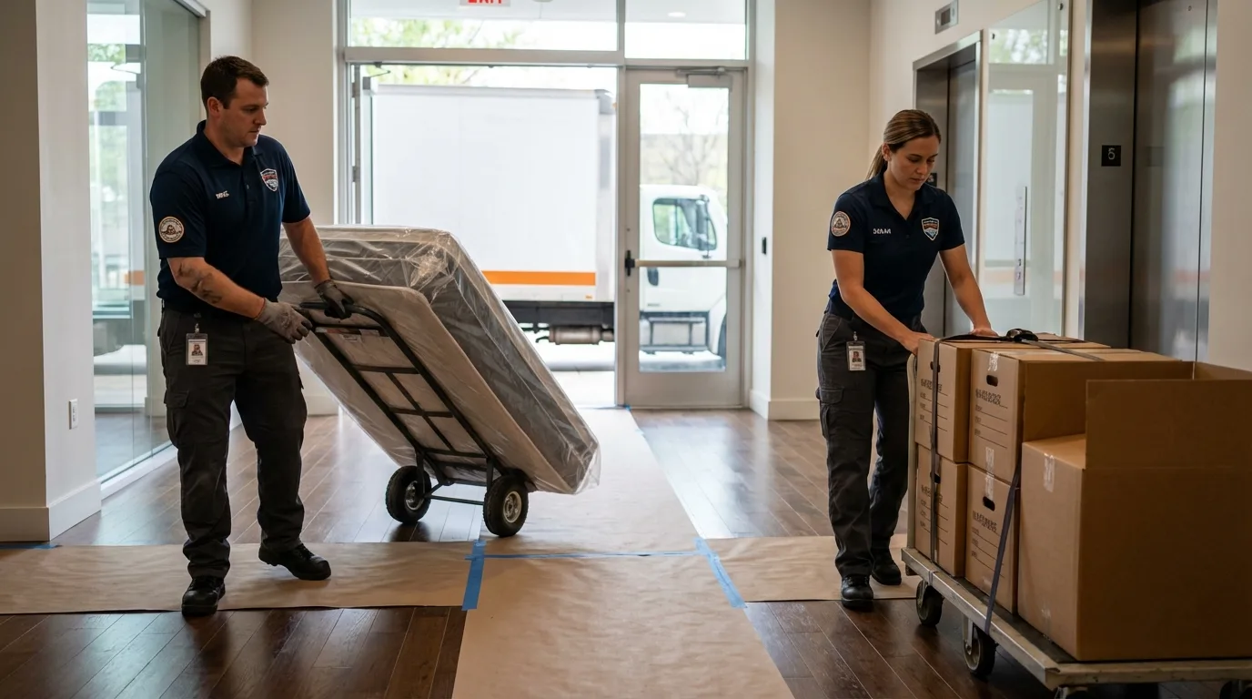 Professional apartment movers loading elevator in Reedsport, OR