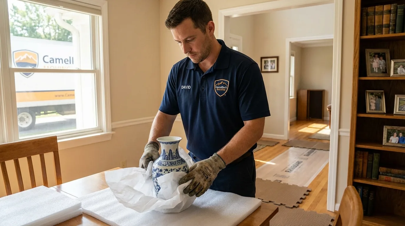 Professional crew carefully wrapping antique vase for senior downsizing move in Reedsport, OR